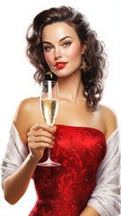 A woman in a red dress holding a glass of wine