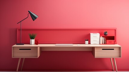 Stylish minimalist monochrome interior of modern office room in pastel carmine red and pink tones. Large desktop, computer, office tools, table lamp, chair. Creative design. Mockup, 3D rendering.