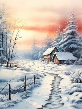 watercolor painting of a winter landscape in a village The air is frosty