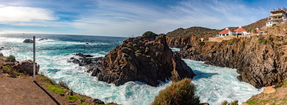 Beautiful and great panoramic view of the cliff where the bufadora is, which is a geyser that is the show and public spectacle of the Mexican town of Ensenada, in Baja California, Mexico.