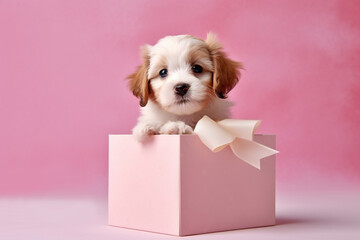 Small dog puppy inside pink gift box
