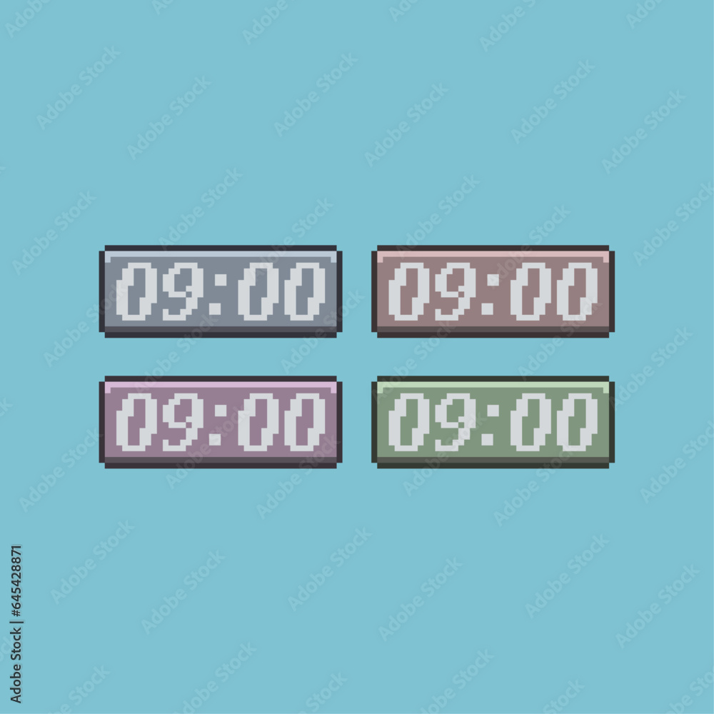 Poster pixel art sets of digital clock with variation color items asset. alarm digital clock on pixelated s