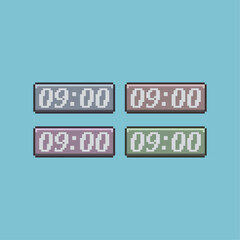 Pixel art sets of digital clock with variation color items asset. alarm digital clock on pixelated style.8bits perfect for game asset or design asset element for your game design asset.