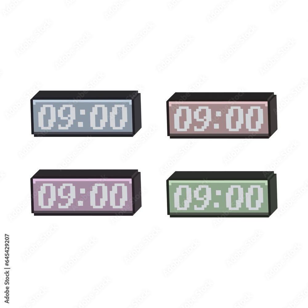Poster isometric pixel art 3d of digital clock for items asset. digital clock alarm on pixelated style.8bit