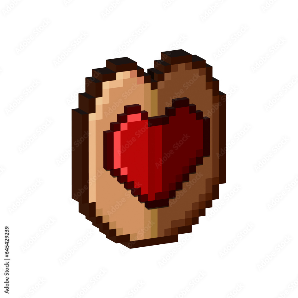 Poster isometric pixel art 3d of shield of heart for items asset. wooden shield with red heart sign on pixe
