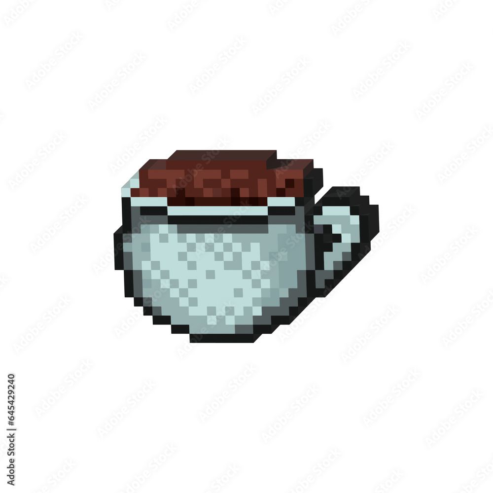 Poster isometric pixel art 3d of a glass of coffee for items asset. cup of coffee on pixelated style.8bits 