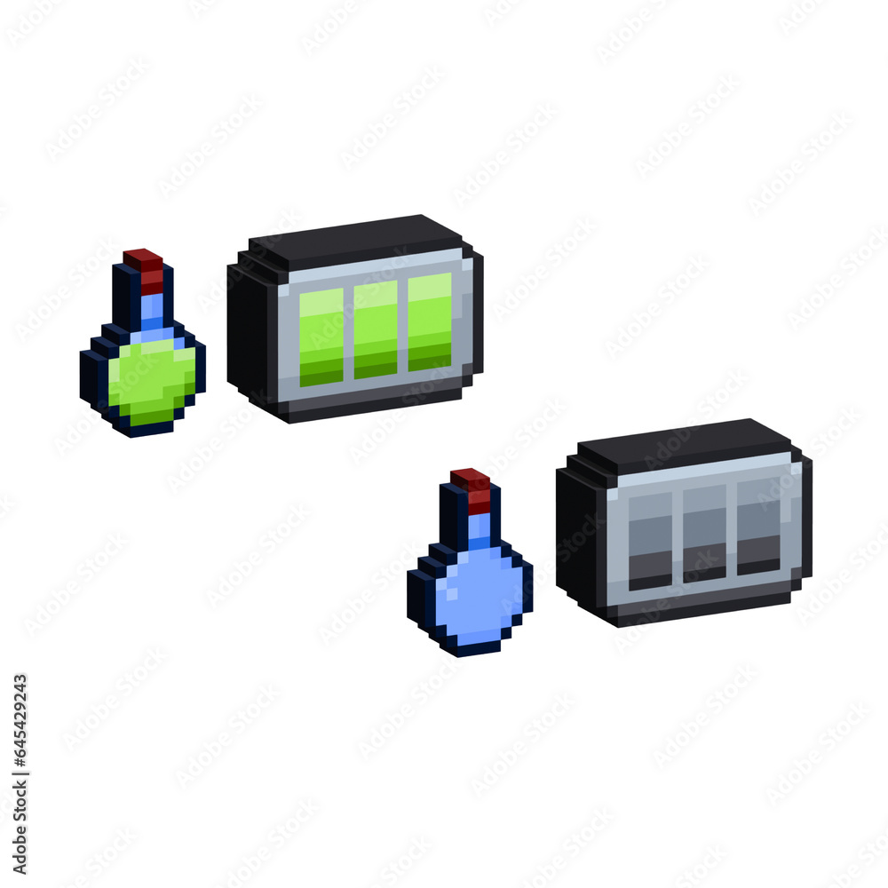 Poster isometric pixel art 3d of potion bar fill for items asset. poison potion bar on pixelated style.8bit