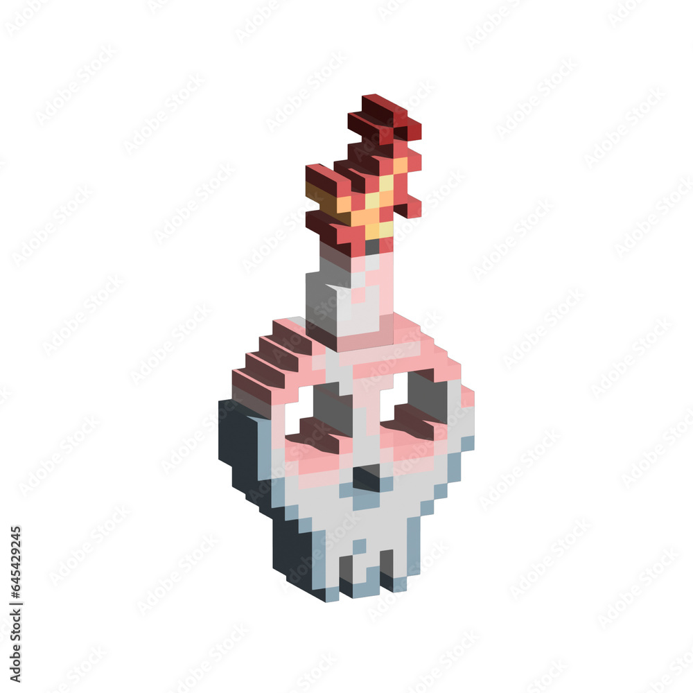 Poster isometric pixel art 3d of halloween bone skull with candle for items asset. skull bones halloween on