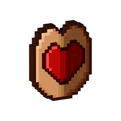 Obraz premium Isometric Pixel art 3d of shield of heart for items asset. wooden shield with red heart sign on pixelated style.8bits perfect for game asset or design asset element for your game design asset.