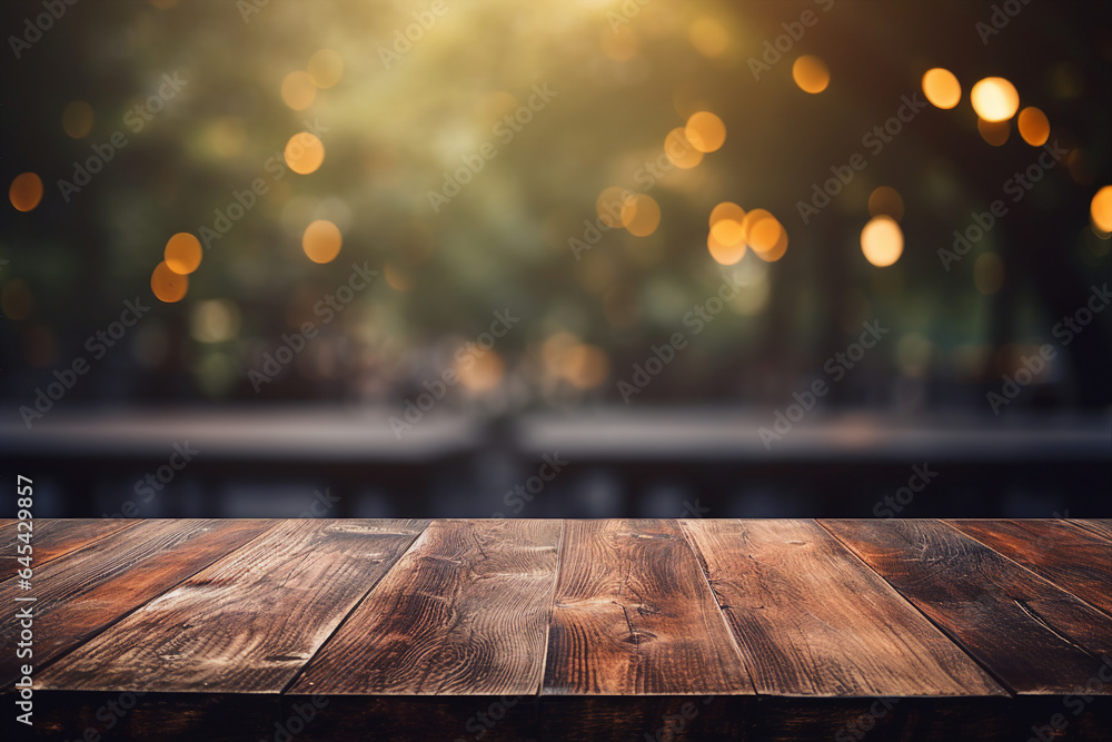 Poster generative ai picture of an evening cozy romantic atmosphere view wooden table in front of blurred b