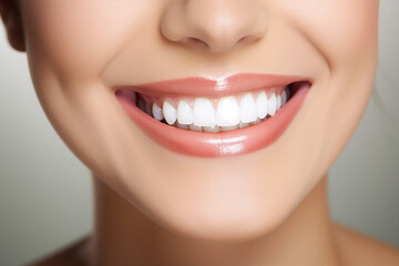 Obraz premium Generative AI concept close up cropped photo of woman mouth with perfect white bright smile and healthy teeth
