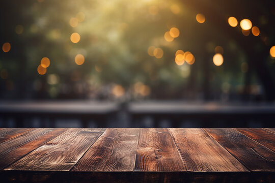 Generative AI picture of an evening cozy romantic atmosphere view wooden table in front of blurred background with bokeh lights