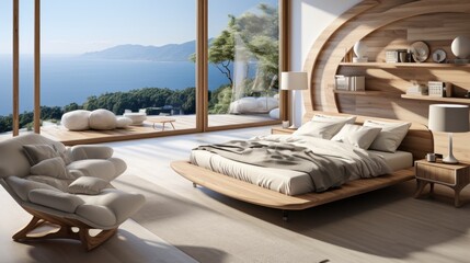 Fototapeta premium Interior of minimalist scandi style bedroom in luxury villa. White walls, simple wooden bed and elements of furniture, armchair, panoramic windows with scenic landscape. Ecodesign. 3D rendering.