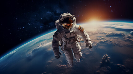 POV Astronaut walking in space with planet earth in background. Space universe exploration science research concept. Generative AI