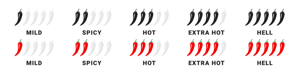 Spicy level labels. Chili spicy meter. Red spicy chili peppers. Spicy and hot. Vector illustration - obrazy, fototapety, plakaty