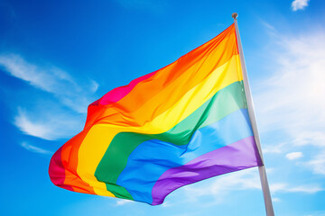 AI generative photography of bright colorful lgbt flag fluttering in the wind isolated on blue sky background