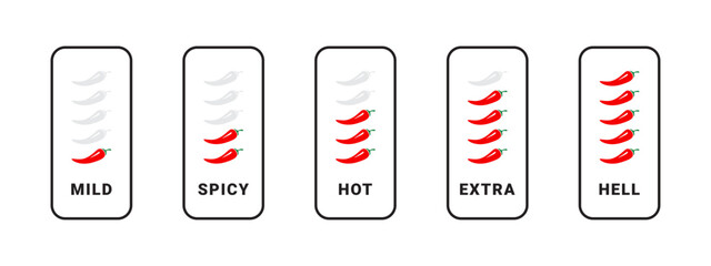 Product spicy degree. Chili spicy meter. Red spicy chili peppers. Spicy and hot. Vector illustration