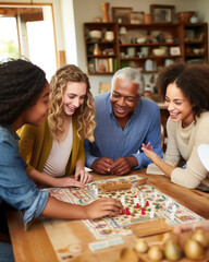 Fototapeta premium A diverse family enjoys a board game during the holidays, capturing the warmth and unity of multiethnic togetherness. Ideal for themes of family, diversity, and celebration.