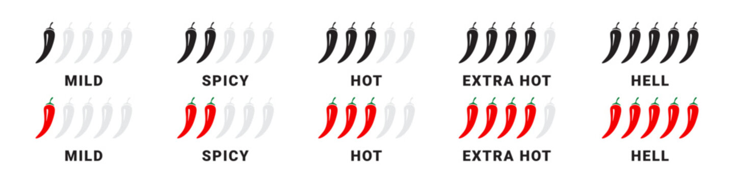 Spicy level labels. Chili spicy meter. Red spicy chili peppers. Spicy and hot. Vector illustration