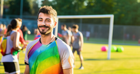 An ally attends a soccer game, visibly supporting diversity and inclusion. Ideal for themes of sports allyship, community engagement, and social unity. - obrazy, fototapety, plakaty