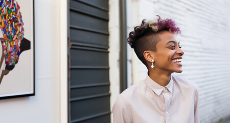 A mixed-ethnicity woman with short hair, wearing interesting clothing, explores the city. She identifies as part of the LGBTQ+ community. Ideal for themes of cultural appreciation, diversity. - obrazy, fototapety, plakaty