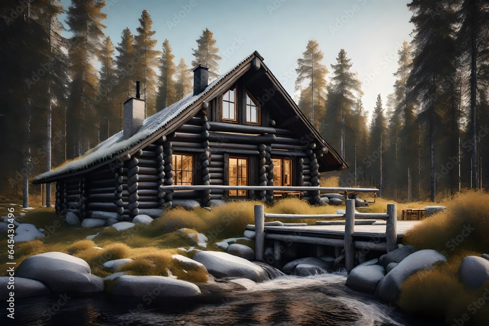 Poster a quintessential scandinavian log house nestled in a picturesque setting - ai generative