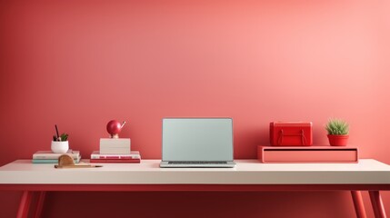 Fragment of stylish minimalist monochrome interior of modern office room in pastel carmine red and pink tones. Large desktop, laptop, office tools. Creative design. Mockup, 3D rendering.
