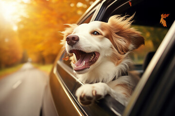 Generative AI photo of a happy dog peeks out of a car window while driving through a autumn orange...
