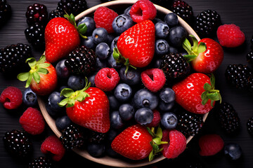 Close up macro view image of various fresh sweet summer berries made with generative ai technology