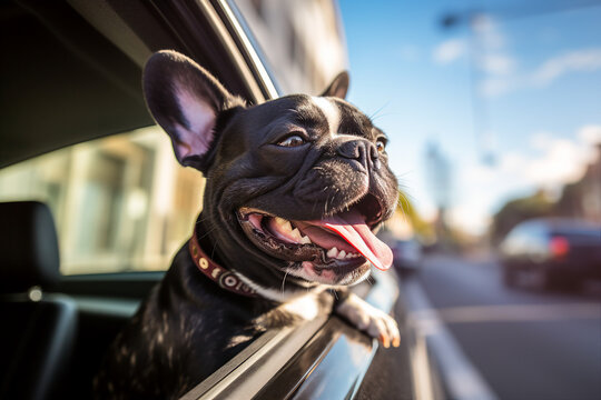 Photography of a happy beautiful dog traveling by car and enjoying weekend trip generative ai concept