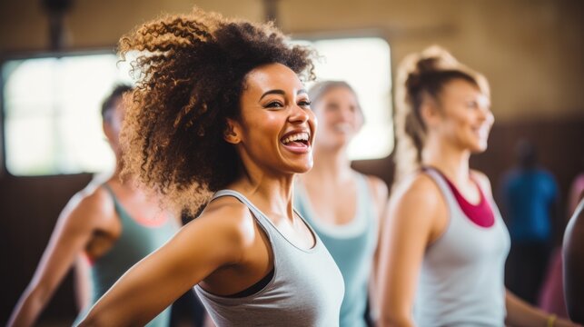 Group of African Americans women are happily doing Zumba exercises together.