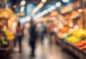 Blurred Background Abstract Bokeh Shelving unit in Shopping store supermarket look at the lights.