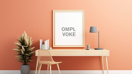 Stylish minimalist monochrome interior of modern office room in pastel orange and beige tones. Wooden desktop with office tools, chair, plant in a pot, poster template. Mockup, 3D rendering.