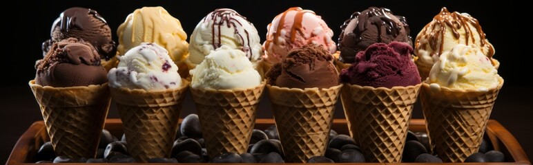 Various ice cream flavors in cones on a tray