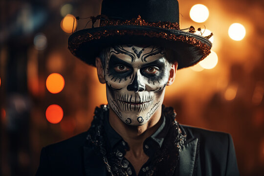 Creative generative ai collage photo of muertos day festival people celebrate theme masquerade