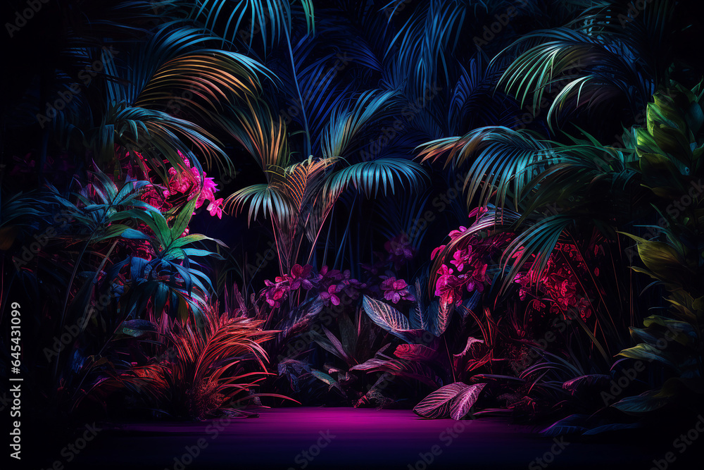 Sticker generative ai collage image picture of mystical magic exotic forest with shiny neon illumination