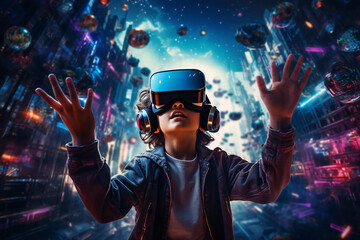 Excited boy wearing vr headset user watching surreal colorful fantasy world generative AI picture