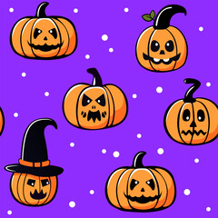 Seamless Halloween pattern, orange pumpkins with faces on a purple background. Vector illustration.