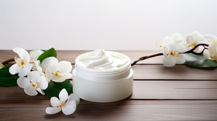 Fototapeta na wymiar whitening and moisturizing Face cream in an open glass jar and flowers on white background. Set for spa, skin care and body products and solutions for skin problems such as scars, acne, wrinkles..