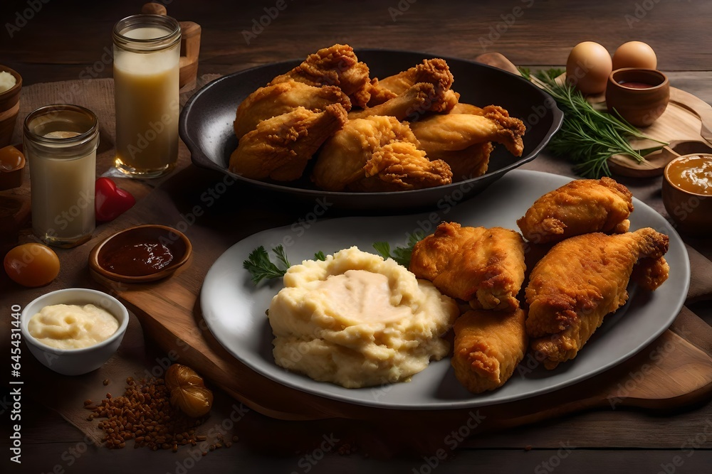 Poster a realistic image of a plate of golden-brown fried chicken with a side of mashed potatoes - ai gener