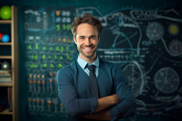 Photo of professional school teacher standing in class room in front of chalkboard with mathematical formulas generative AI