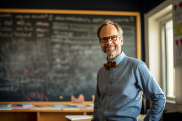Photo of professional school teacher standing in class room in front of chalkboard with mathematical formulas generative AI