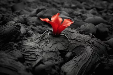  Collage image picture of blooming cute miniature red bright flower lily black ground everything dead created by generative ai illustration © Tetiana