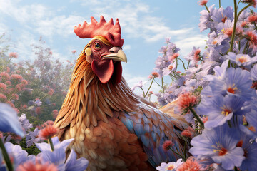 Photo template inspiration image of beautiful brown hen sitting flowers bed created generative ai modern technology