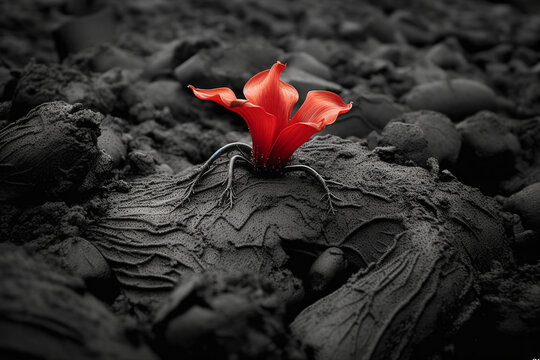 Collage image picture of blooming cute miniature red bright flower lily black ground everything dead created by generative ai illustration