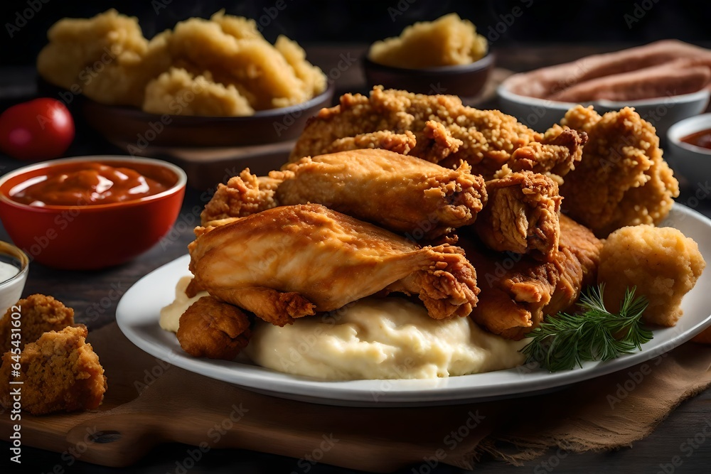 Poster a realistic image of a plate of golden-brown fried chicken with a side of mashed potatoes - ai gener