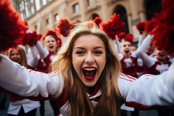 Girls from the cheerleading team emotionally support the team and entertain the audience of fans generative AI concept