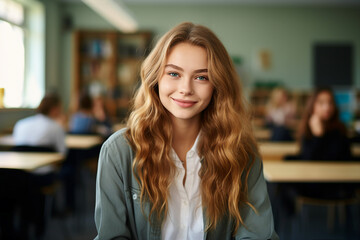 Generative AI portrait of a beautiful happy girl high school student graduate in sunny classroom