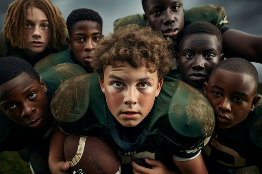 American football gamer schoolchildren playing in a traditional super bowl game picture made with generative ai technology