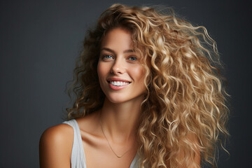 Naklejka premium Young model girl with amazing stunning long curls hairstyle Generative AI